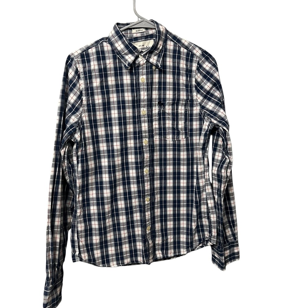 Abercrombie Kids XL Muscle Fit Plaid Button Down Shirt Navy‎ Blue White Red LS